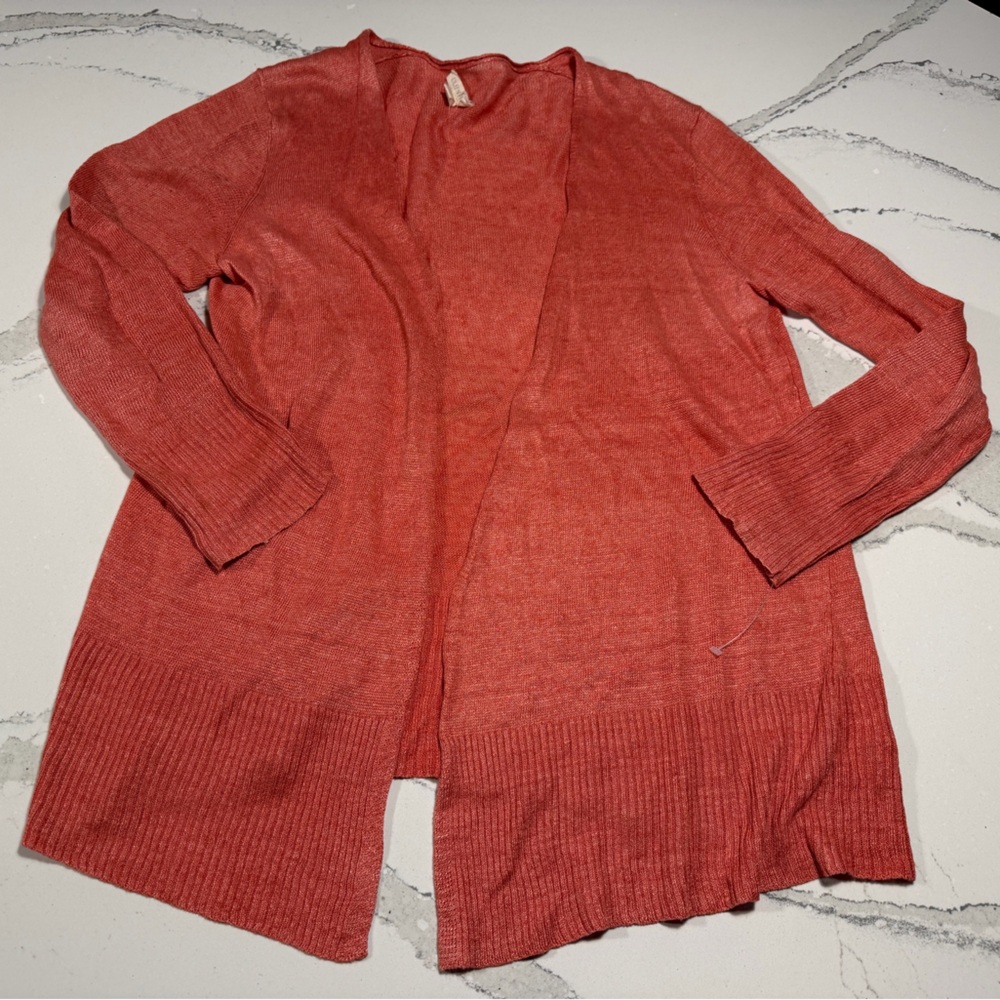 Eileen Fisher 100% linen orange red open front cardigan sweater Size Medium